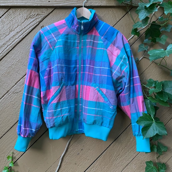 Vintage Jackets & Blazers - VTG 80’s Head Sportswear Reversible teal PLAID Bomber Jacket Sz M zip-up coat